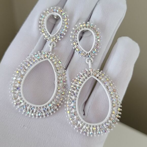 Earrings Double Teardrop White Aurora Borealis Crystal Earrings #0062 - Picture 12 of 13